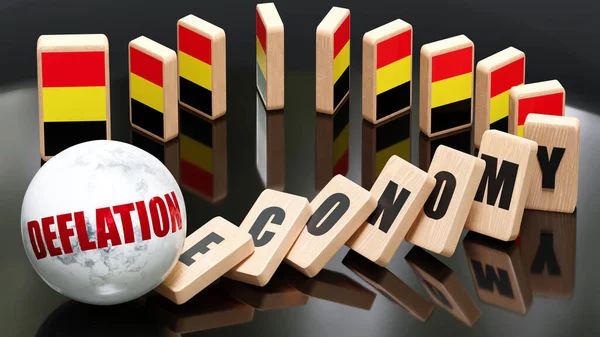 Belgium and deflation, economy and domino effect - chain reaction in Belgium set off by deflation causing a crash - economy blocks and Belgium flag,3d illustration