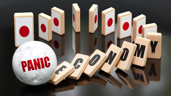 Japan and panic, economy and domino effect - chain reaction in Japan economy set off by panic causing an inevitable crash and collapse - falling economy blocks and Japan flag,3d illustration