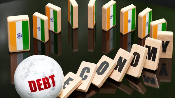 India and debt, economy and domino effect - chain reaction in India economy set off by debt causing an inevitable crash and collapse - falling economy blocks and India flag,3d illustration