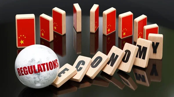 China and regulations, economy and domino effect - chain reaction in China set off by regulations causing a crash - economy blocks and China flag,3d illustration