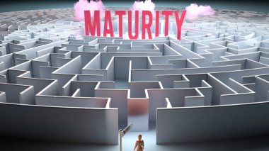 Olgunluk ve onu arayan kafa karıştırıcı bir yol. Olgunluğa doğru karmaşık bir yolculuk, 3 boyutlu illüstrasyon.