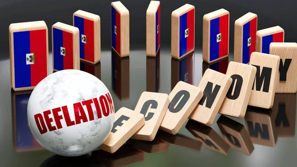 Haiti and deflation, economy and domino effect - chain reaction in Haiti economy set off by deflation causing an inevitable crash and collapse - falling economy blocks and Haiti flag,3d illustration