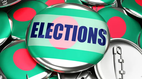バングラデシュと選挙 バングラデシュの旗と単語の選挙とピンバックボタンの数十 この国での今後の選挙を象徴する3Dレンダリング — ストック写真