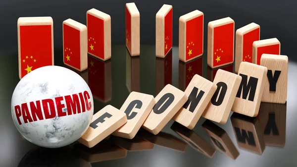 China and pandemic, economy and domino effect - chain reaction in China economy set off by pandemic causing an inevitable crash and collapse - falling economy blocks and China flag,3d illustration