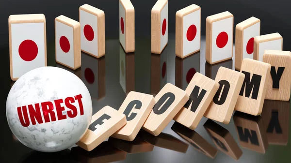 Japan and unrest, economy and domino effect - chain reaction in Japan economy set off by unrest causing an inevitable crash and collapse - falling economy blocks and Japan flag,3d illustration