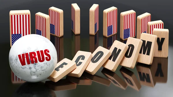 USA and virus, economy and domino effect - chain reaction in USA economy set off by virus causing an inevitable crash and collapse - falling economy blocks and USA flag,3d illustration