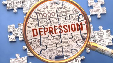 Yakın denetim altında karmaşık ve çok parçalı bir konu olarak depresyon. Bulmaca parçalarının eşleşmesi olarak gösterilen karmaşıklık, Depresyon hakkında düzinelerce hayati fikir ve kavram, 3D illüstrasyon