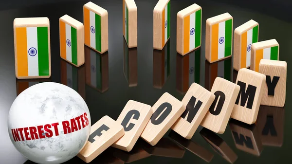 India and interest rates, economy and domino effect - chain reaction in India set off by interest rates causing a crash - economy blocks and India flag,3d illustration