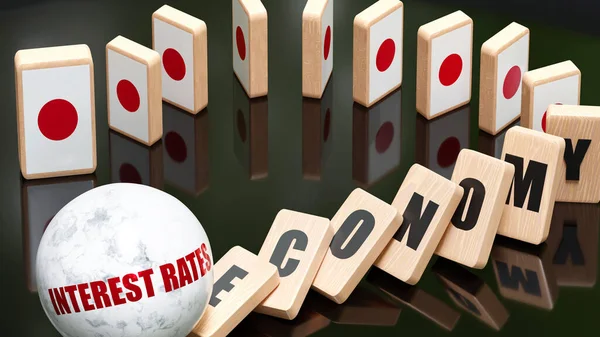 Japan and interest rates, economy and domino effect - chain reaction in Japan set off by interest rates causing a crash - economy blocks and Japan flag,3d illustration