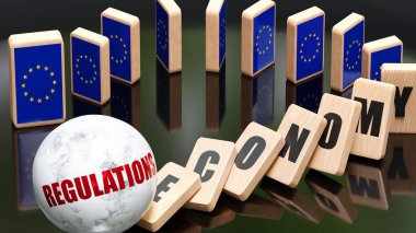 AB Avrupa ve yönetmelikler, ekonomi ve domino etkisi - AB Avrupa 'da ekonomik engeller ve AB Avrupa bayrağı, 3d illüstrasyon