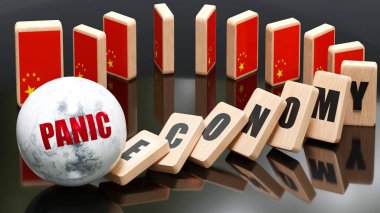 Çin ve panik, ekonomi ve domino etkisi - Çin ekonomisindeki zincirleme reaksiyon kaçınılmaz bir çöküşe ve çöküşe yol açıyor - düşen ekonomi blokları ve Çin bayrağı, 3D illüstrasyon