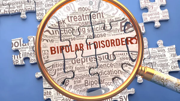 Bipolar ii disorder as a complex topic under close inspection. Complexity shown as puzzle pieces with dozens of ideas and concepts correlated to Bipolar ii disorder,3d illustration