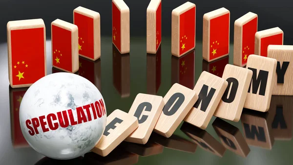 China and speculation, economy and domino effect - chain reaction in China set off by speculation causing a crash - economy blocks and China flag,3d illustration