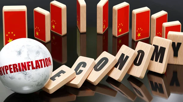 China and hyperinflation, economy and domino effect - chain reaction in China set off by hyperinflation causing a crash - economy blocks and China flag,3d illustration