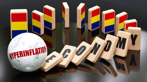 Romania and hyperinflation, economy and domino effect - chain reaction in Romania set off by hyperinflation causing a crash - economy blocks and Romania flag,3d illustration