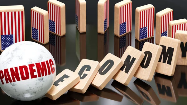USA and pandemic, economy and domino effect - chain reaction in USA economy set off by pandemic causing an inevitable crash and collapse - falling economy blocks and USA flag,3d illustration