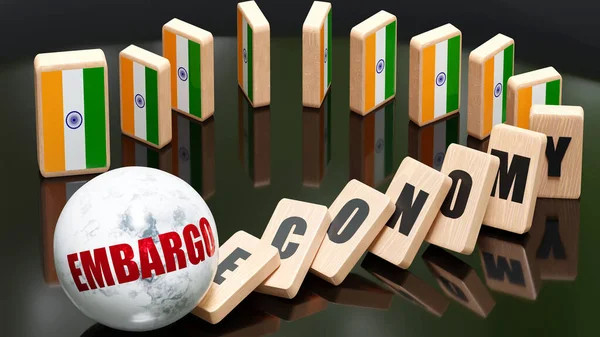 India and embargo, economy and domino effect - chain reaction in India economy set off by embargo causing an inevitable crash and collapse - falling economy blocks and India flag,3d illustration