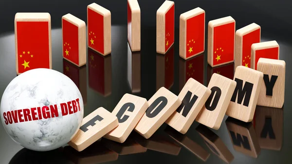China and sovereign debt, economy and domino effect - chain reaction in China set off by sovereign debt causing a crash - economy blocks and China flag,3d illustration