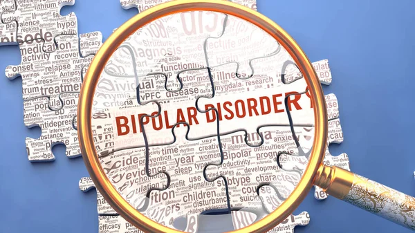 Bipolar disorder as a complex and multipart topic under close inspection. Complexity shown as matching puzzle pieces defining dozens of vital ideas and concepts about Bipolar disorder,3d illustration