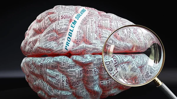 Problem solving in human brain, a concept showing hundreds of crucial words related to Problem solving projected onto a cortex to fully demonstrate broad extent of this condition,3d illustration