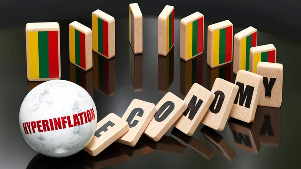 Lithuania and hyperinflation, economy and domino effect - chain reaction in Lithuania set off by hyperinflation causing a crash - economy blocks and Lithuania flag,3d illustration