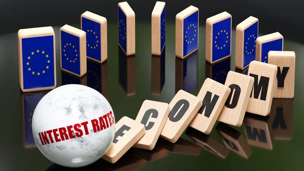 EU Europe and interest rates, economy and domino effect - chain reaction in EU Europe set off by interest rates causing a crash - economy blocks and EU Europe flag,3d illustration