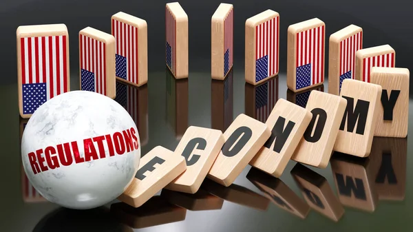 USA and regulations, economy and domino effect - chain reaction in USA economy set off by regulations causing an inevitable crash and collapse - falling economy blocks and USA flag,3d illustration