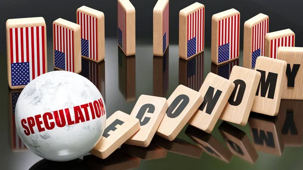 USA and speculation, economy and domino effect - chain reaction in USA economy set off by speculation causing an inevitable crash and collapse - falling economy blocks and USA flag,3d illustration