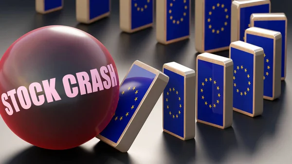 EU Europe and stock crash, causing a national problem and a falling economy. Stock crash as a driving force in the possible decline of EU Europe.,3d illustration