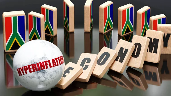 South Africa and hyperinflation, economy and domino effect - chain reaction in South Africa set off by hyperinflation causing a crash - economy blocks and South Africa flag,3d illustration