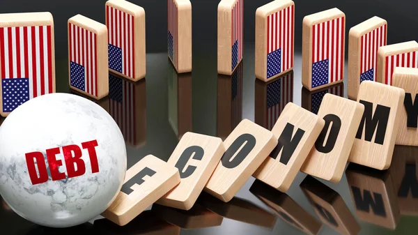 USA and debt, economy and domino effect - chain reaction in USA economy set off by debt causing an inevitable crash and collapse - falling economy blocks and USA flag,3d illustration