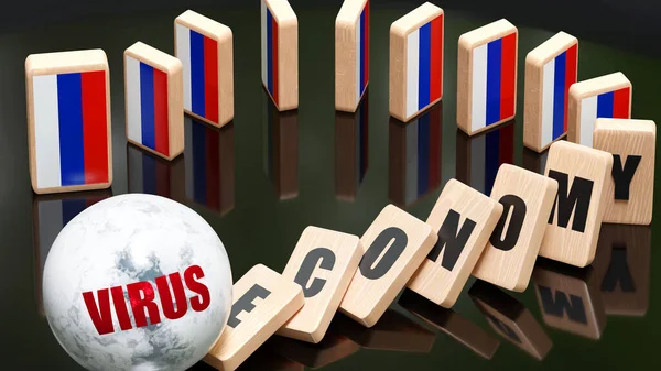 Russia and virus, economy and domino effect - chain reaction in Russia economy set off by virus causing an inevitable crash and collapse - falling economy blocks and Russia flag,3d illustration