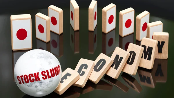 Japan and stock slump, economy and domino effect - chain reaction in Japan set off by stock slump causing a crash - economy blocks and Japan flag,3d illustration