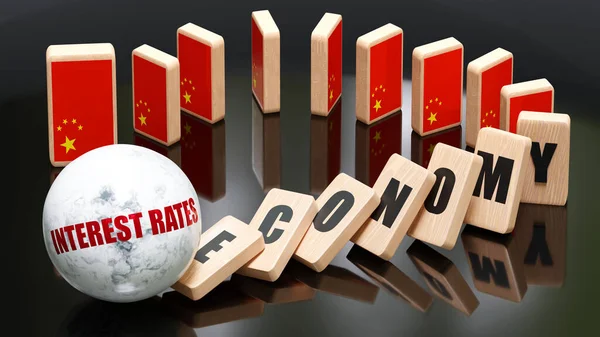 China and interest rates, economy and domino effect - chain reaction in China set off by interest rates causing a crash - economy blocks and China flag,3d illustration