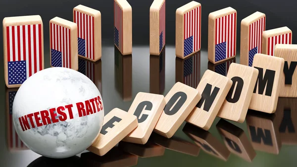 USA and interest rates, economy and domino effect - chain reaction in USA set off by interest rates causing a crash - economy blocks and USA flag,3d illustration