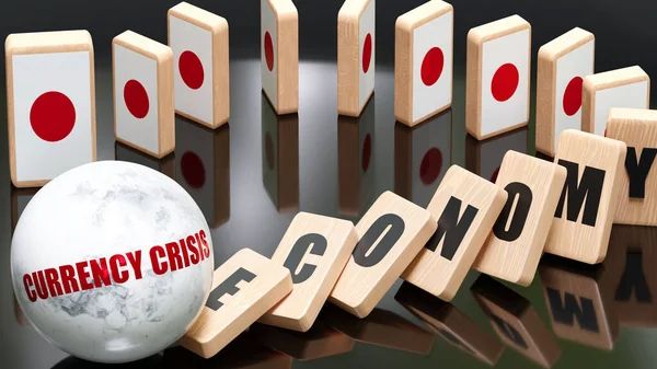 Japan and currency crisis, economy and domino effect - chain reaction in Japan set off by currency crisis causing a crash - economy blocks and Japan flag,3d illustration