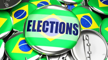 Brazil and Elections - dozens of pinback buttons with a flag of Brazil and a word Elections. 3d render symbolizing upcoming Elections in this country.