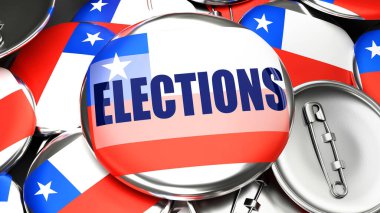 Chile and Elections - dozens of pinback buttons with a flag of Chile and a word Elections. 3d render symbolizing upcoming Elections in this country.