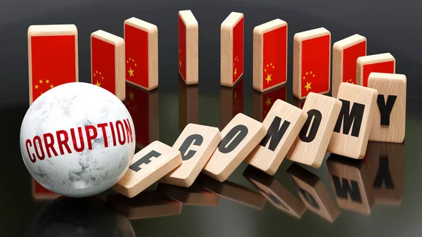 China and corruption, economy and domino effect - chain reaction in China set off by corruption causing a crash - economy blocks and China flag