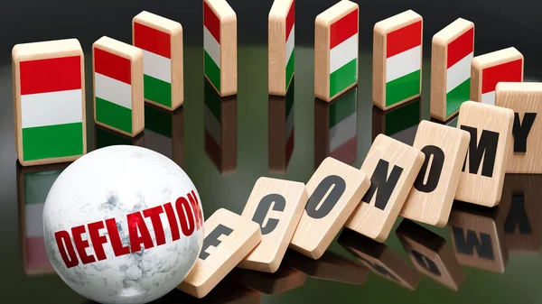 Italy and deflation, economy and domino effect - chain reaction in Italy economy set off by deflation causing an inevitable crash and collapse - falling economy blocks and Italy flag