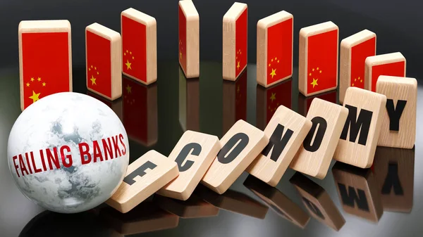 China and failing banks, economy and domino effect - chain reaction in China set off by failing banks causing a crash - economy blocks and China flag