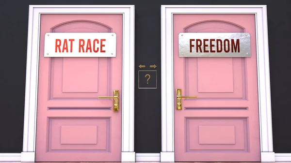 Rat race or Freedom - making decision by choosing either one option. Two alaternatives shown as doors leading to different outcomes.