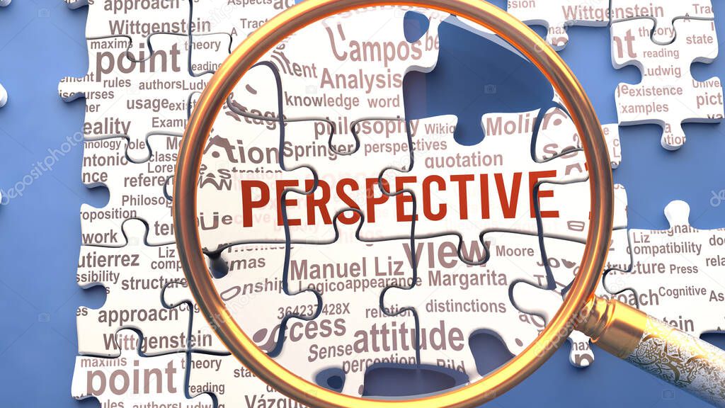 Perspective as a complex and multipart topic under close inspection. Complexity shown as matching puzzle pieces defining dozens of vital ideas and concepts about Perspective