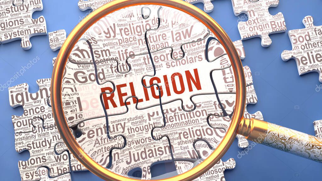 Religion as a complex and multipart topic under close inspection. Complexity shown as matching puzzle pieces defining dozens of vital ideas and concepts about Religion
