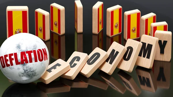 Spain and deflation, economy and domino effect - chain reaction in Spain economy set off by deflation causing an inevitable crash and collapse - falling economy blocks and Spain flag