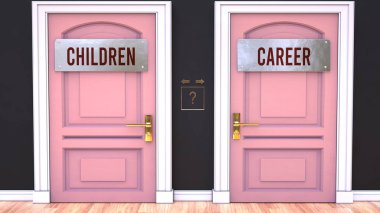 Children or Career - making decision by choosing either one option. Two alaternatives shown as doors leading to different outcomes.