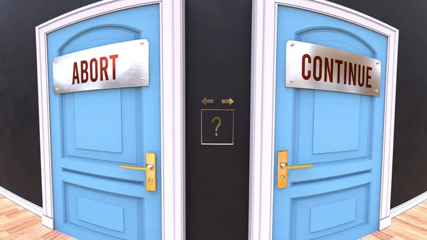 Abort Continue Choice Two Options Choose Represented Doors Leading Different — Stok fotoğraf