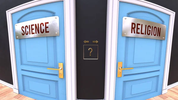 Science Religion Choice Two Options Choose Represented Doors Leading Different — Stock Photo, Image
