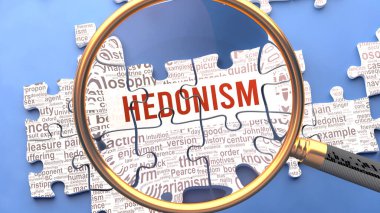 Çok yönlü ve karmaşık bir konu olan hedonizm yakından inceleniyor. Eşleşen yapboz parçaları olarak gösterilen karmaşıklık, Hedonizm hakkında düzinelerce hayati fikir ve kavramı tanımlıyor
