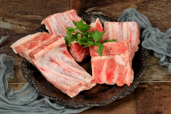 Carne Crua Com Costela Seleção Costelas Ósseas Para Sopa Carne — Fotografia de Stock